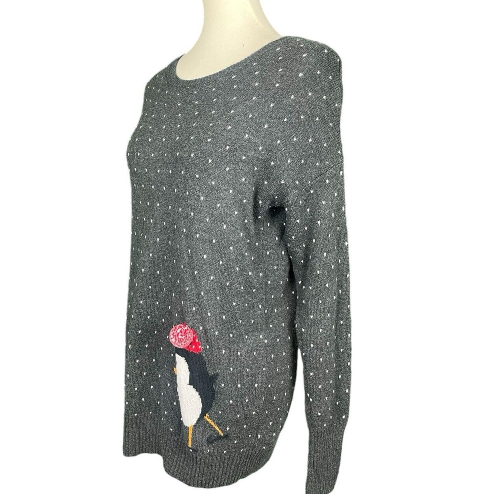 Wearing Your Heart On Your Sleeve Sweater Women Size L Gray Hearts and Penguin - Picture 4 of 7